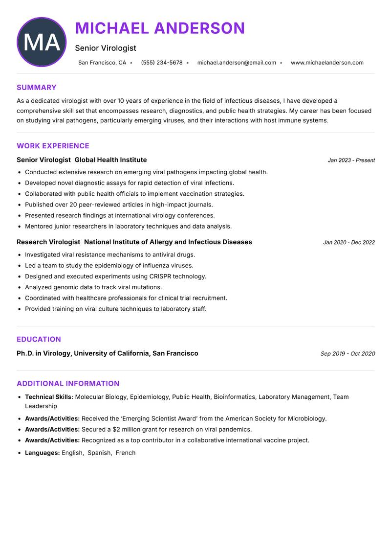Virologist resume example — ATS-friendly template