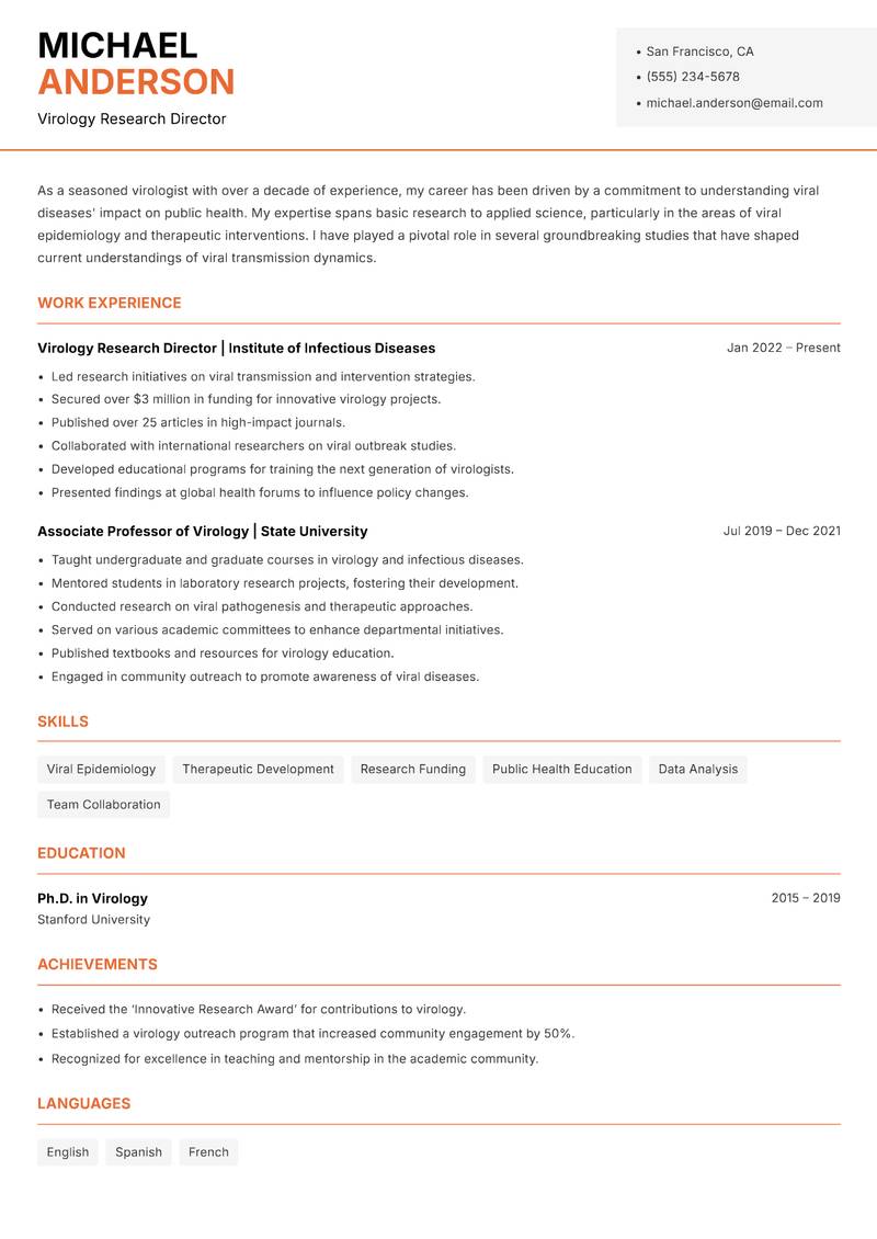 Virologist resume template — Modern Professional