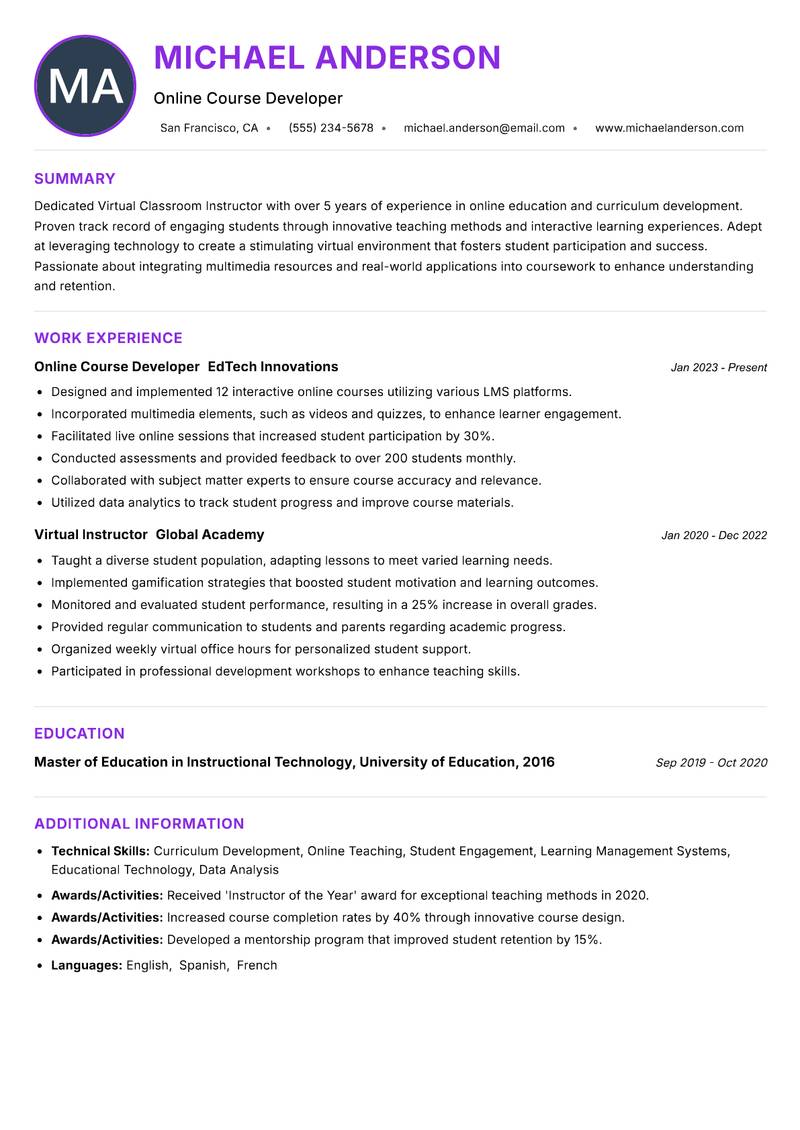Virtual Classroom Instructor resume example — ATS-friendly template