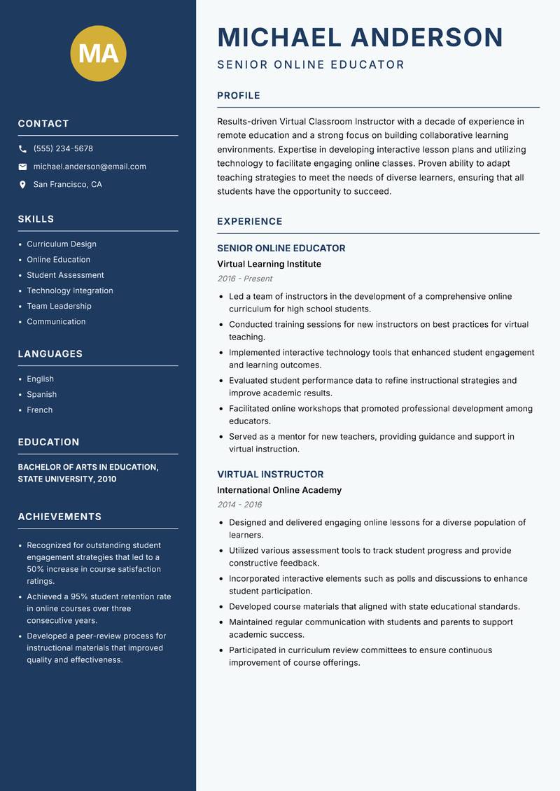 Virtual Classroom Instructor resume template — Classic Clean