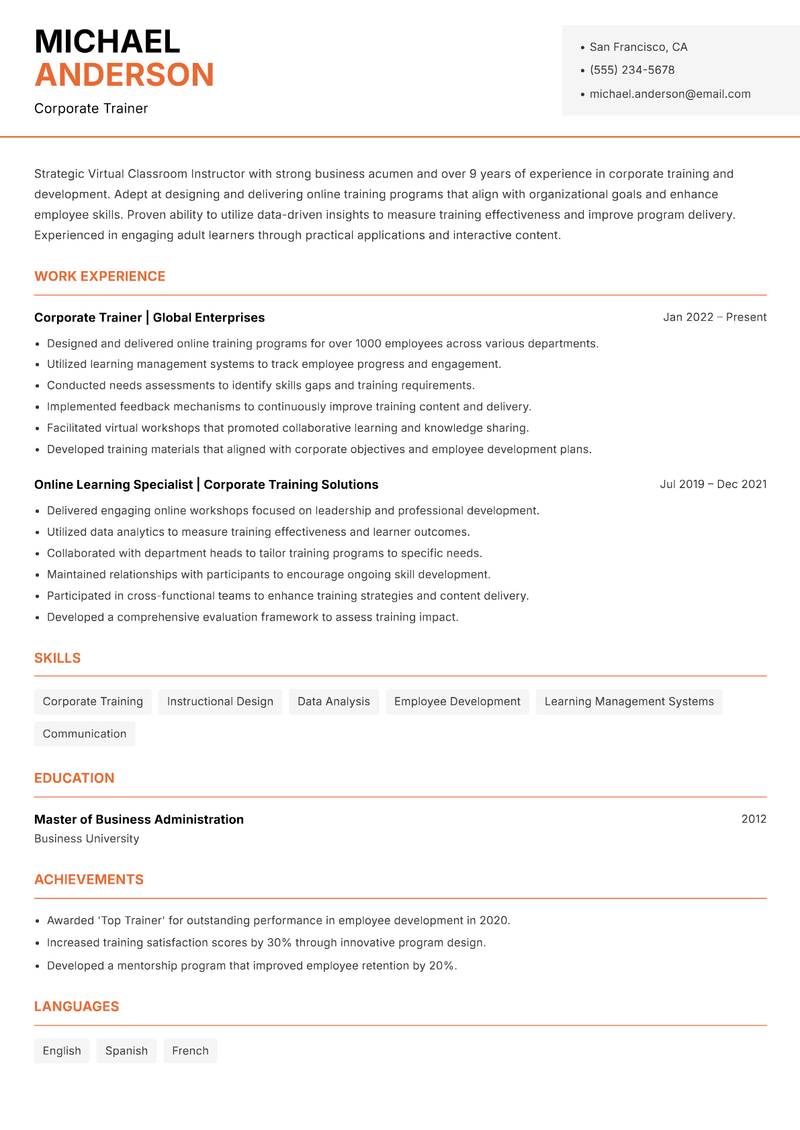 Virtual Classroom Instructor resume template — Modern Professional