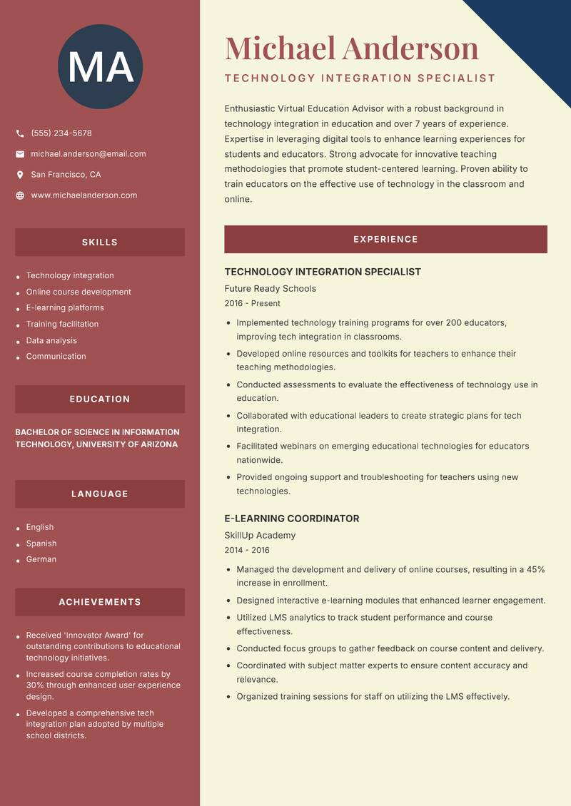 Virtual Education Advisor resume template — Two Column