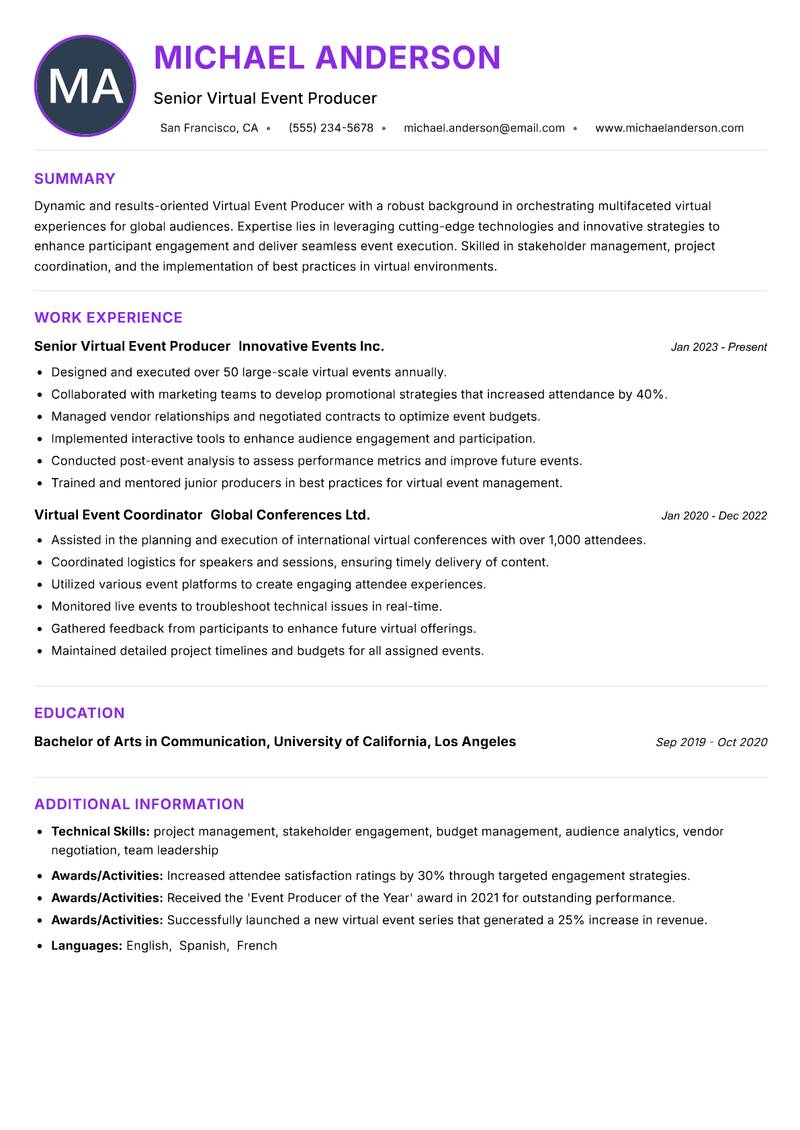 Virtual Event Producer resume example — ATS-friendly template