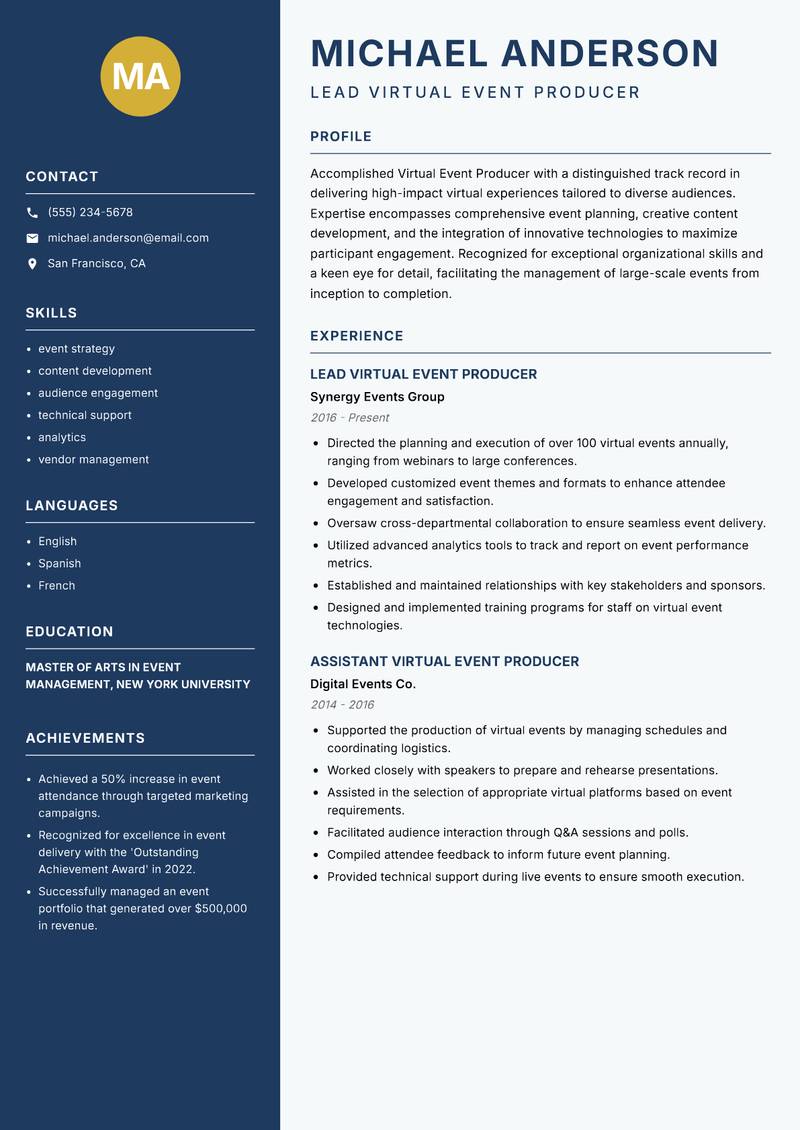 Virtual Event Producer resume template — Classic Clean