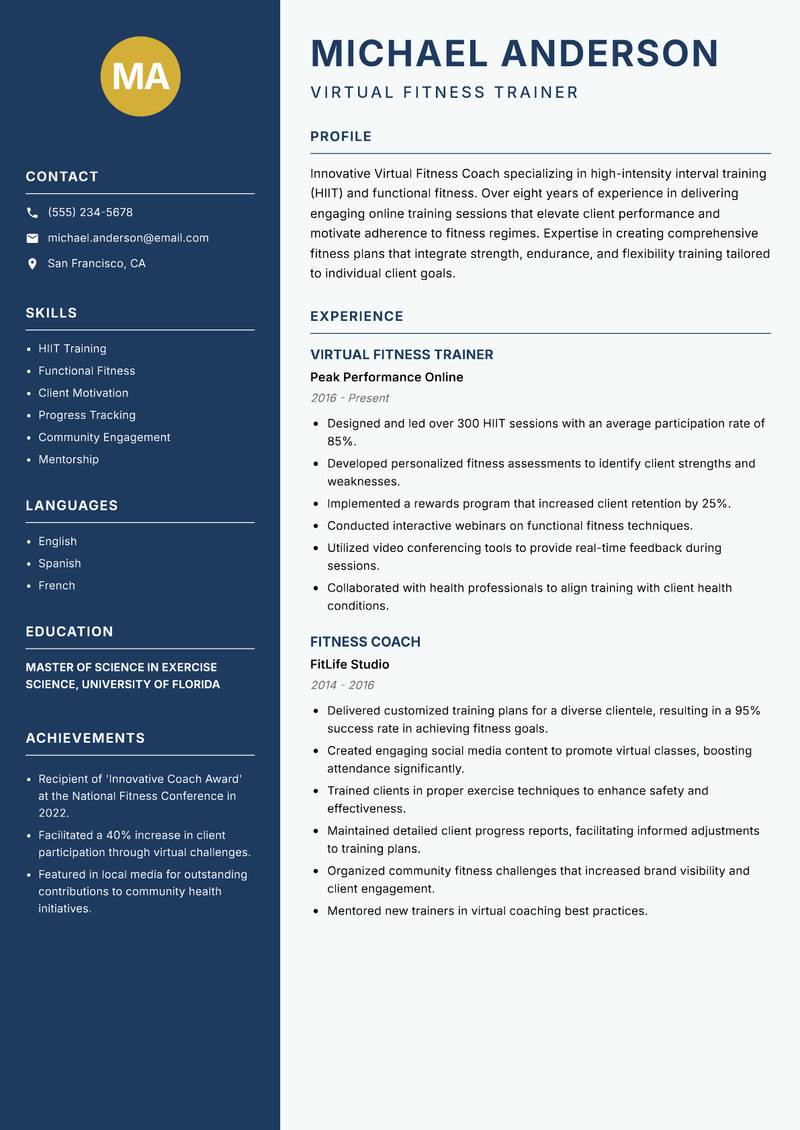 Virtual Fitness Coach resume template — Classic Clean