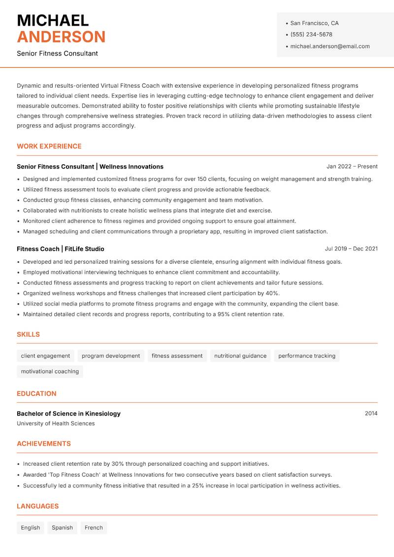 Virtual Fitness Coach resume template — Modern Professional