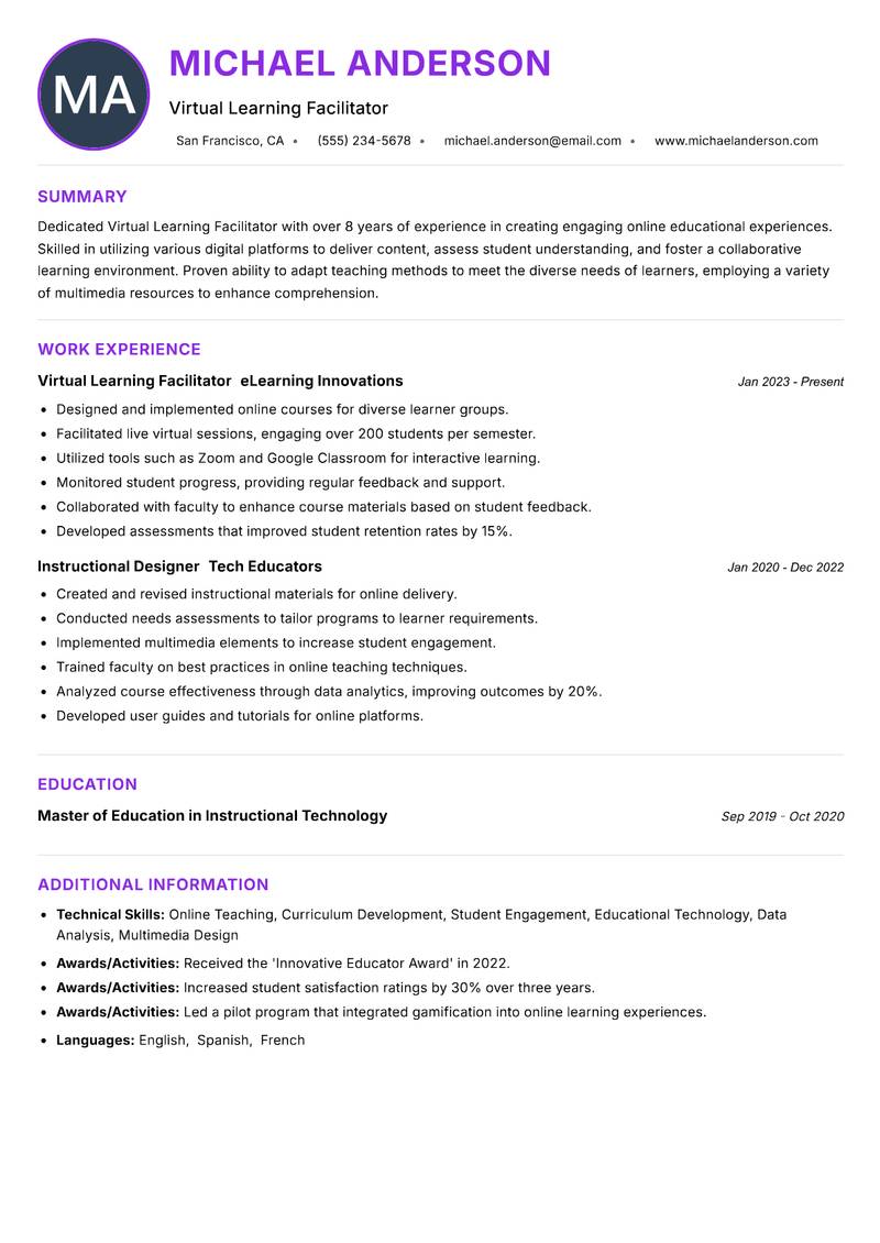 Virtual Learning Facilitator resume example — ATS-friendly template