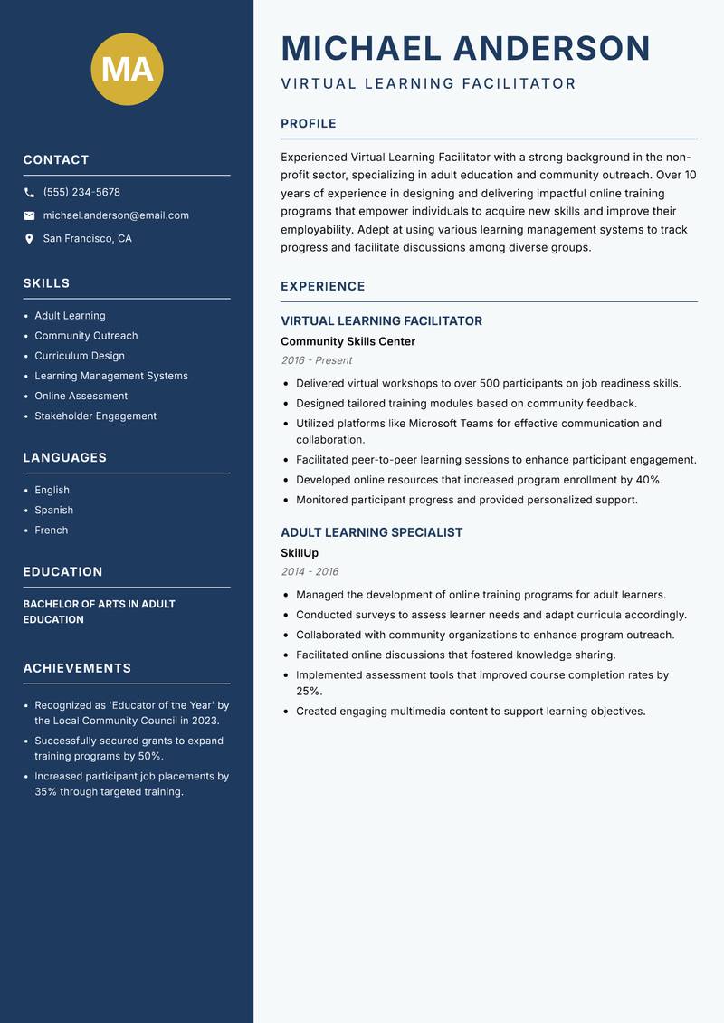Virtual Learning Facilitator resume template — Classic Clean