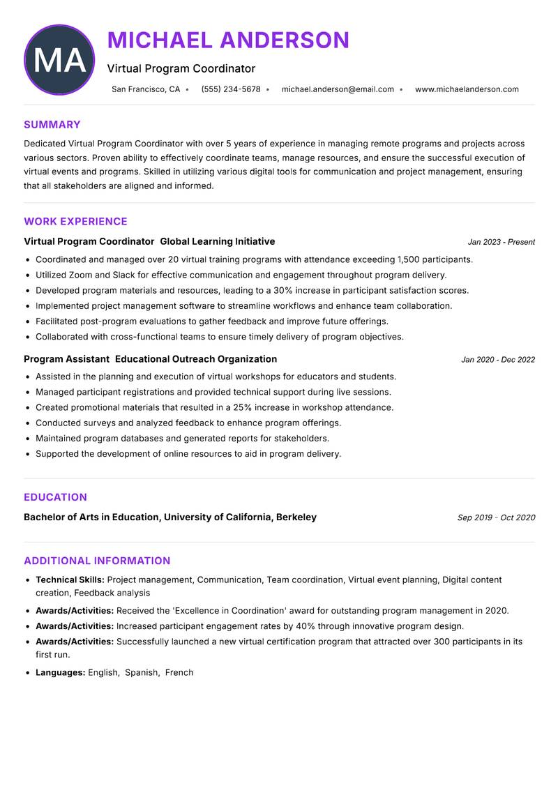 Virtual Program Coordinator resume example — ATS-friendly template