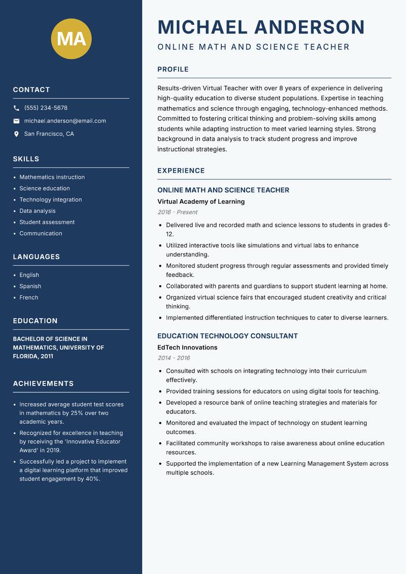 Virtual Teacher resume template — Classic Clean