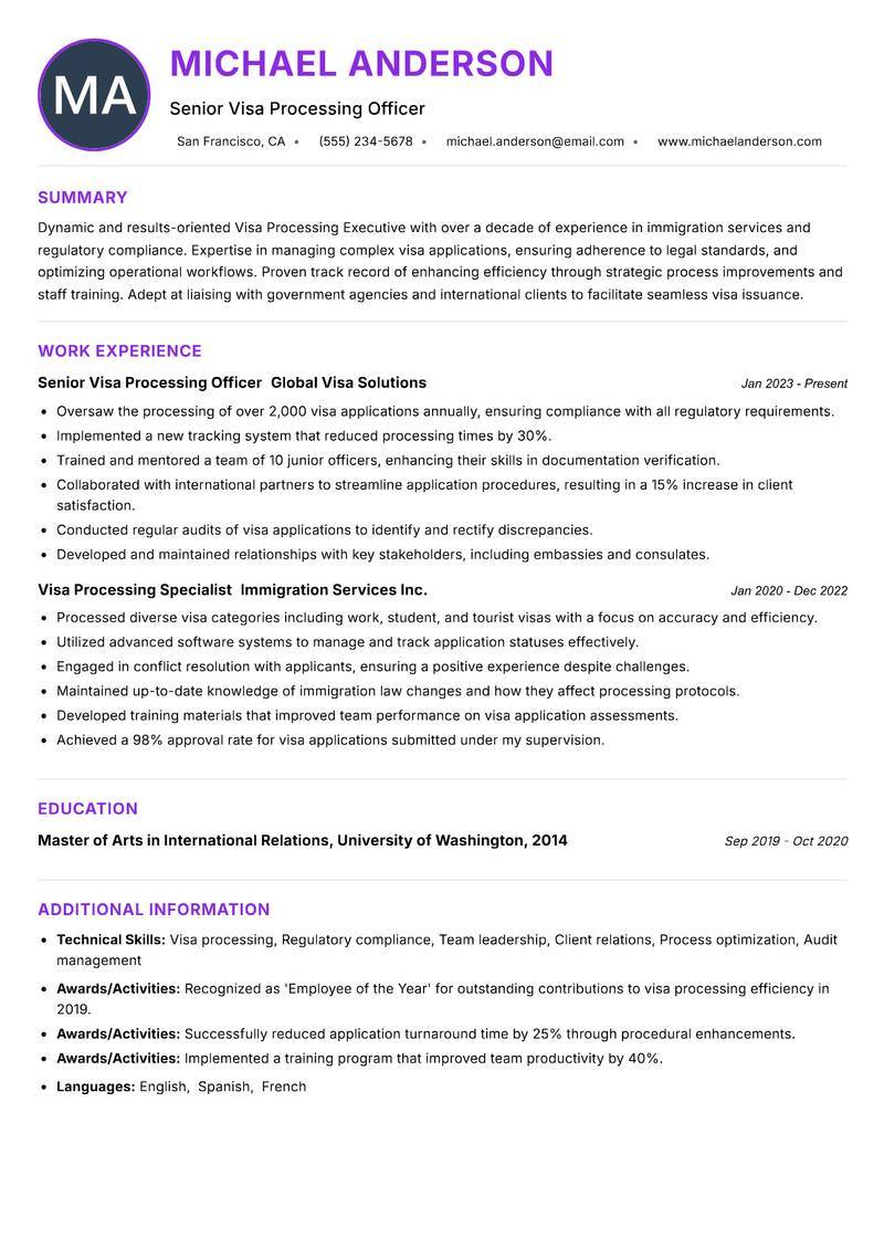Visa Processing Executive resume example — ATS-friendly template