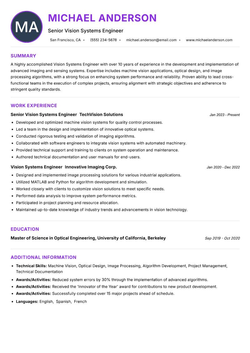 Vision Systems Engineer resume example — ATS-friendly template