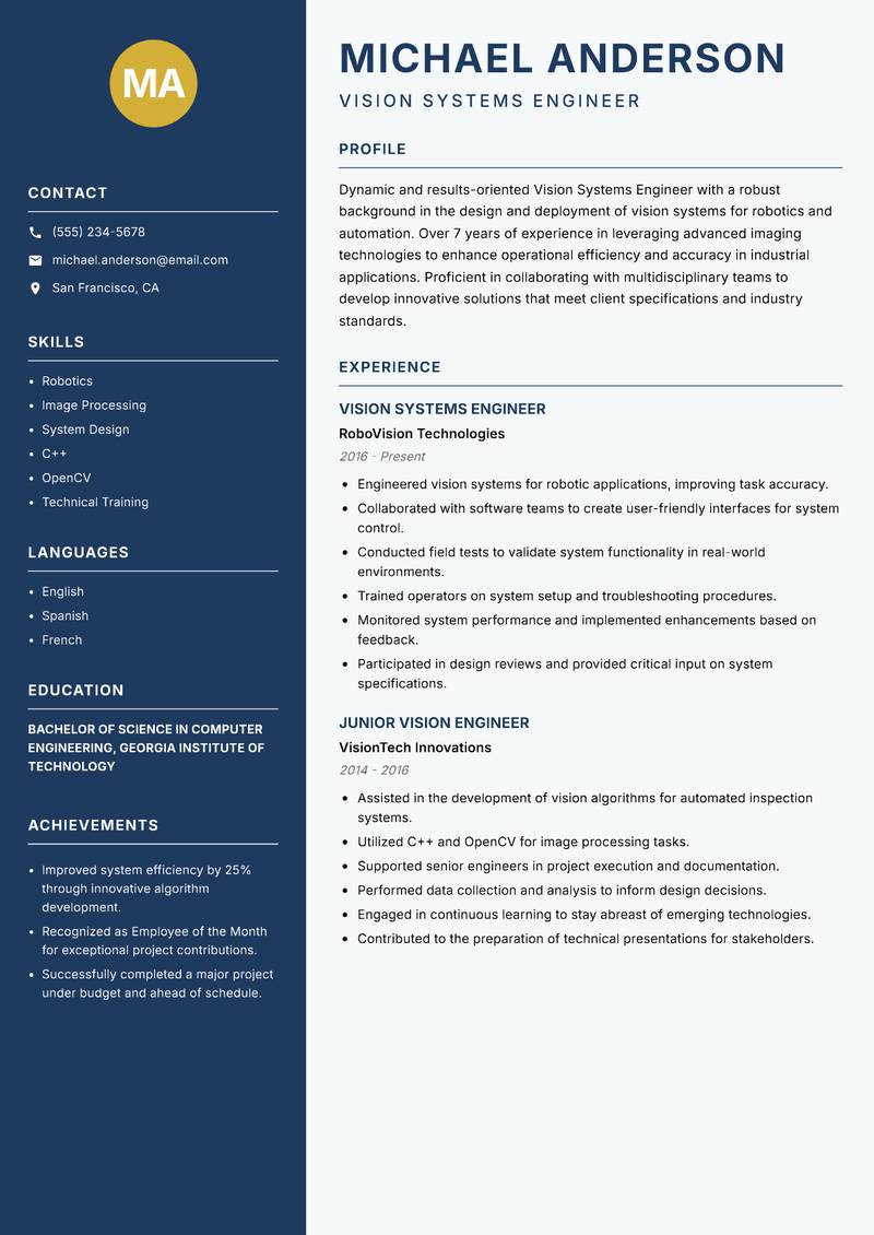 Vision Systems Engineer resume template — Classic Clean