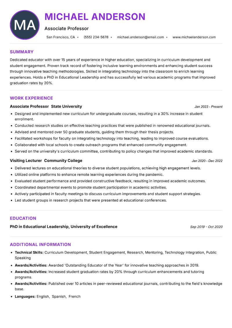 Visiting Professor resume example — ATS-friendly template