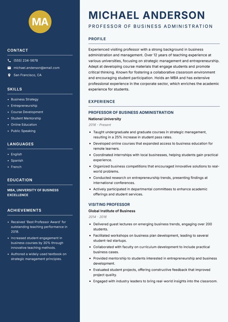 Visiting Professor resume template — Classic Clean