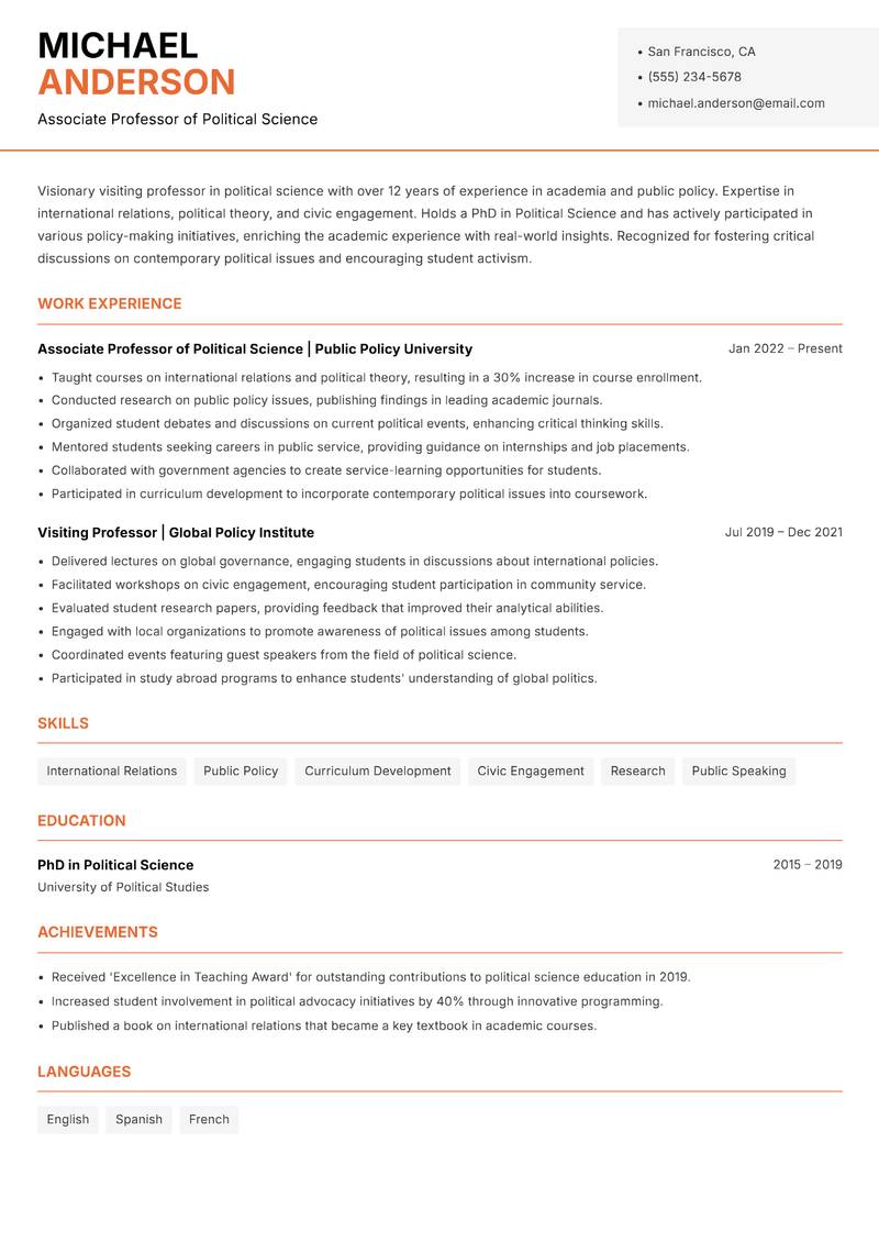Visiting Professor resume template — Modern Professional