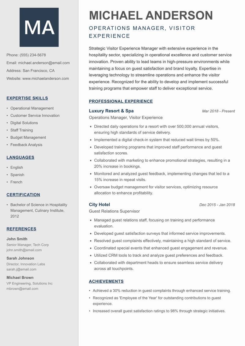 Visitor Experience Manager resume template — Creative Minimal