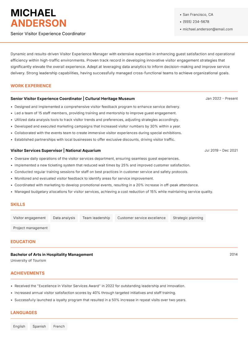 Visitor Experience Manager resume template — Modern Professional