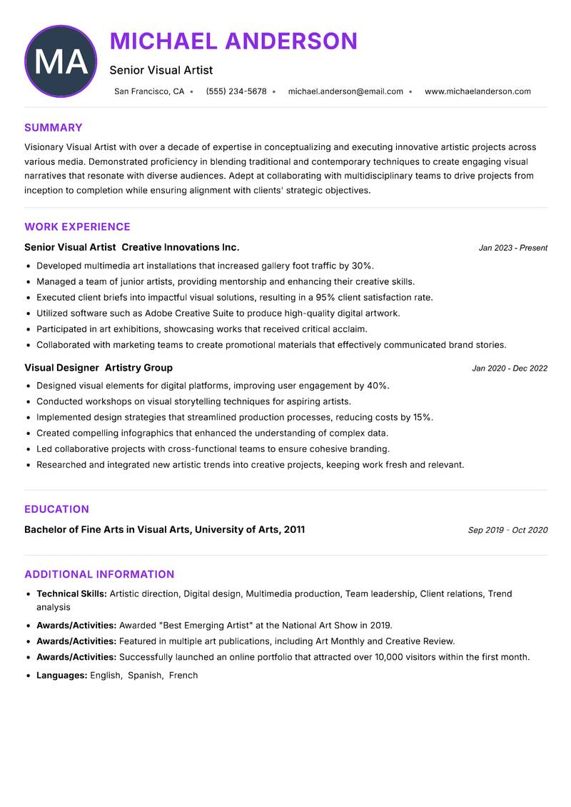 Visual Artist resume example — ATS-friendly template