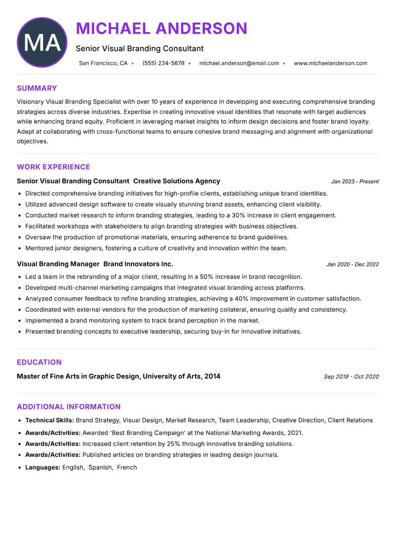 Visual Branding Specialist resume example — ATS-friendly template