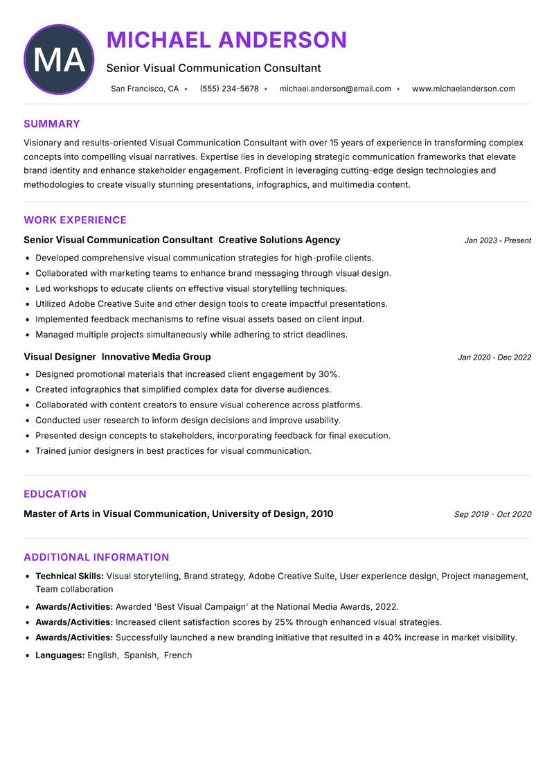 Visual Communication Consultant resume example — ATS-friendly template