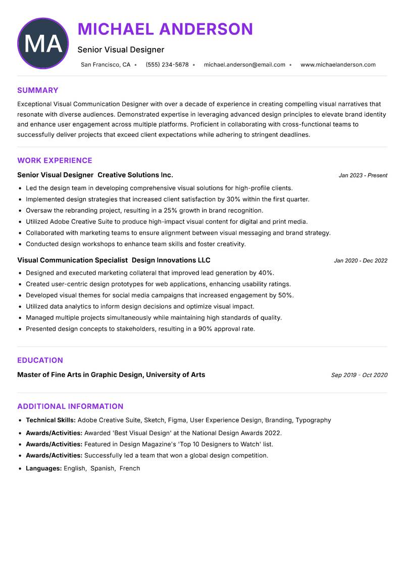 Visual Communication Designer resume example — ATS-friendly template
