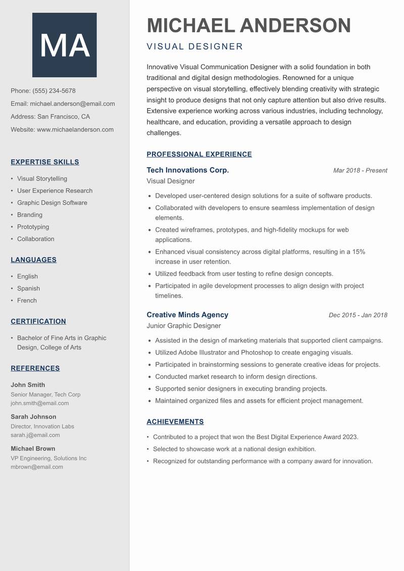 Visual Communication Designer resume template — Creative Minimal