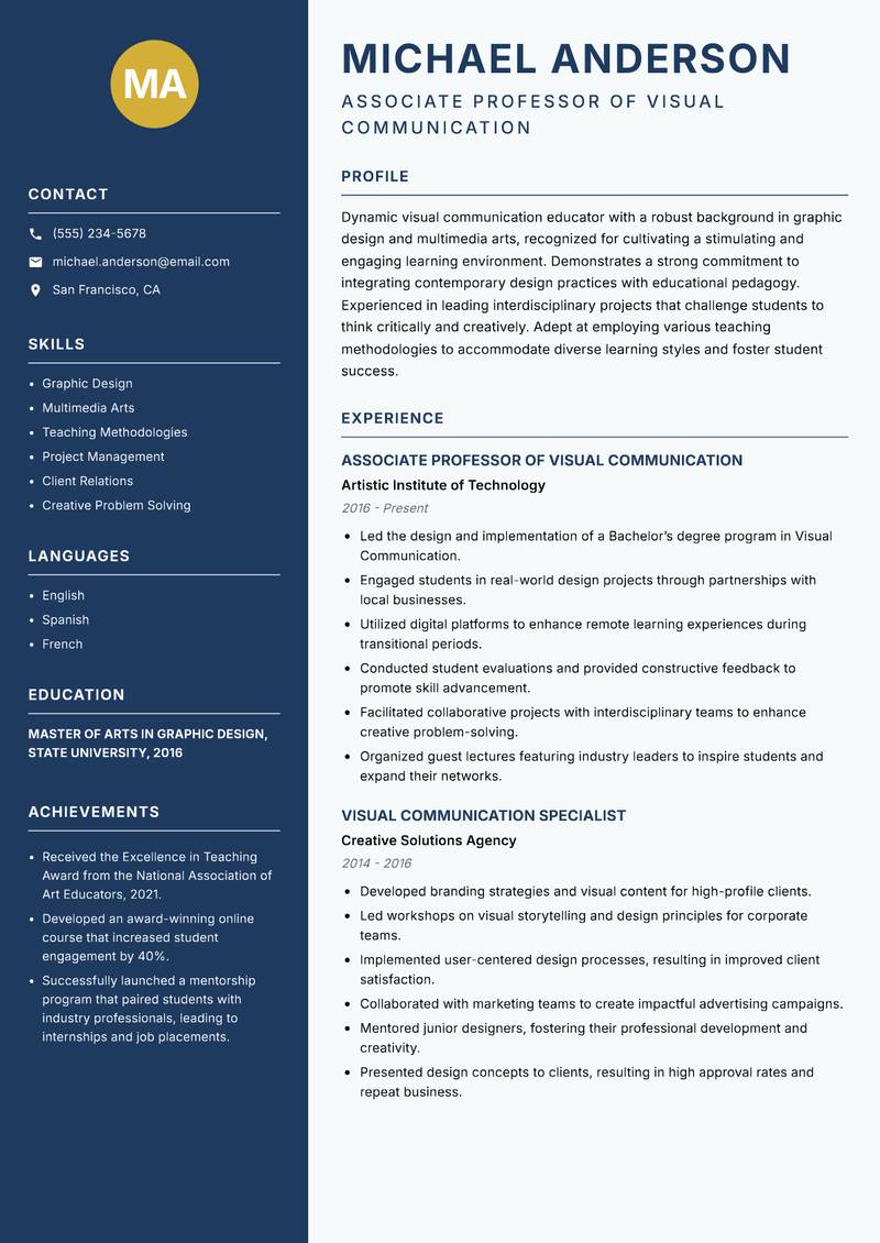 Visual Communication Educator resume template — Classic Clean