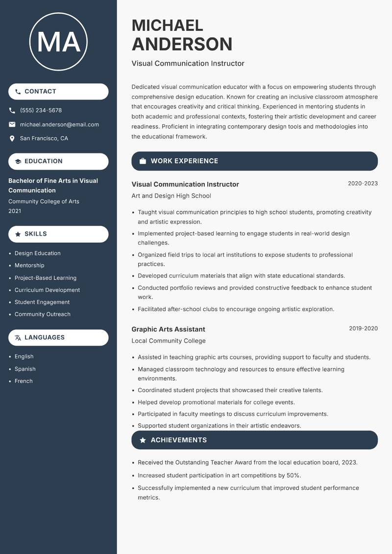 Visual Communication Educator resume template — Compact
