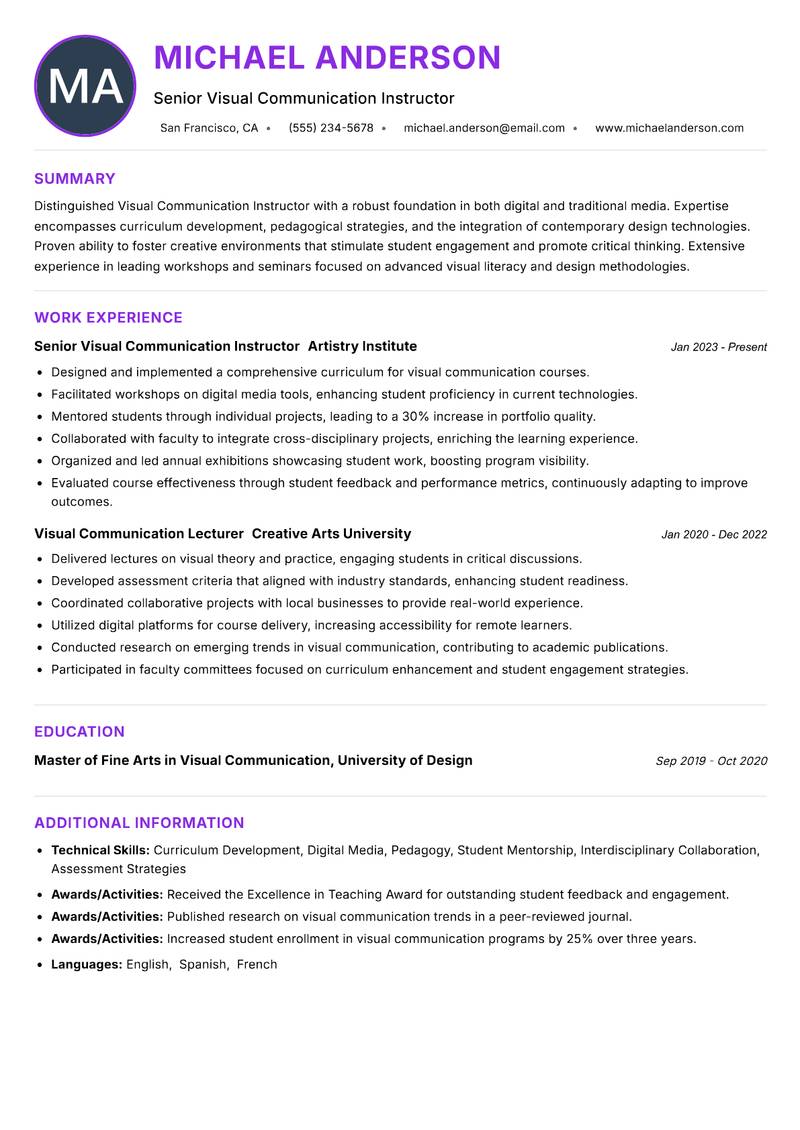 Visual Communication Instructor resume example — ATS-friendly template