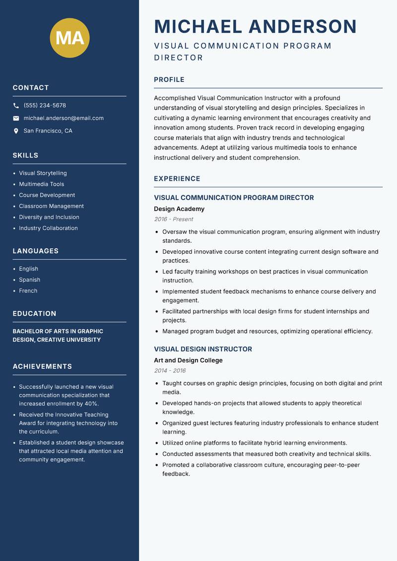 Visual Communication Instructor resume template — Classic Clean