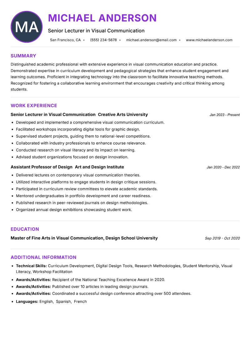 Visual Communication Lecturer resume example — ATS-friendly template