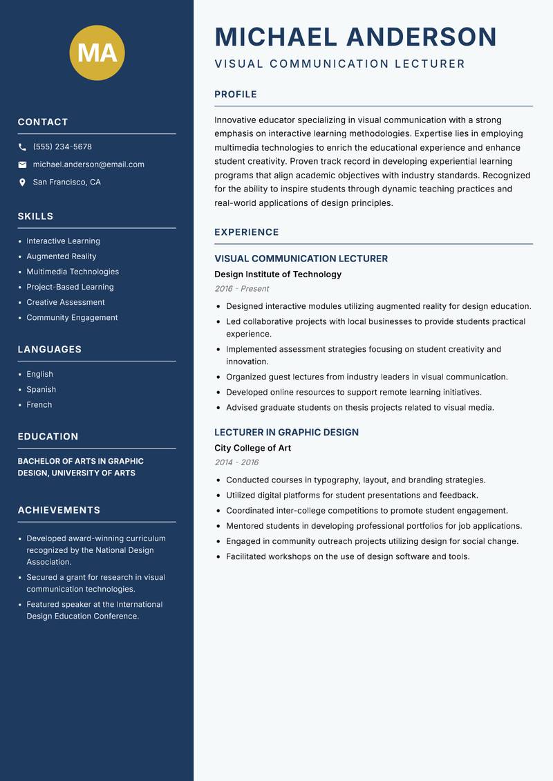 Visual Communication Lecturer resume template — Classic Clean