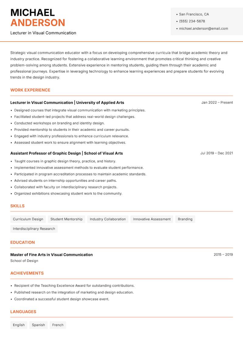 Visual Communication Lecturer resume template — Modern Professional