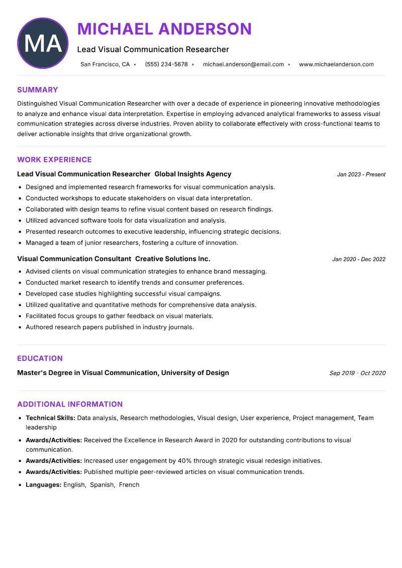 Visual Communication Researcher resume example — ATS-friendly template
