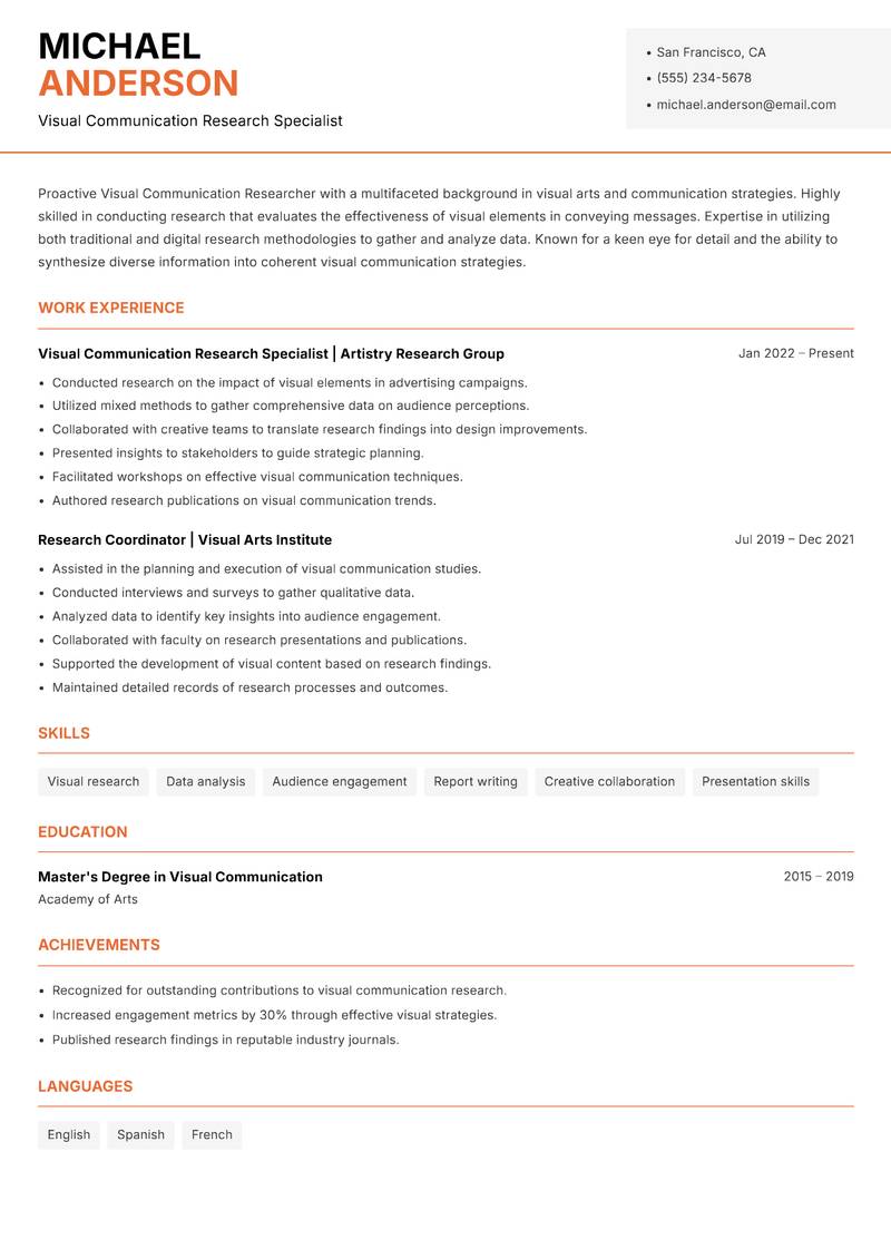 Visual Communication Researcher resume template — Modern Professional
