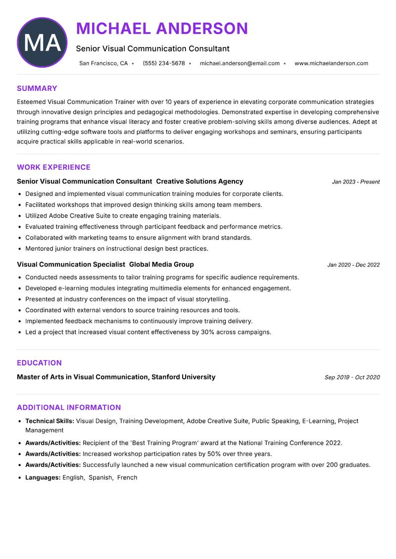 Visual Communication Trainer resume example — ATS-friendly template