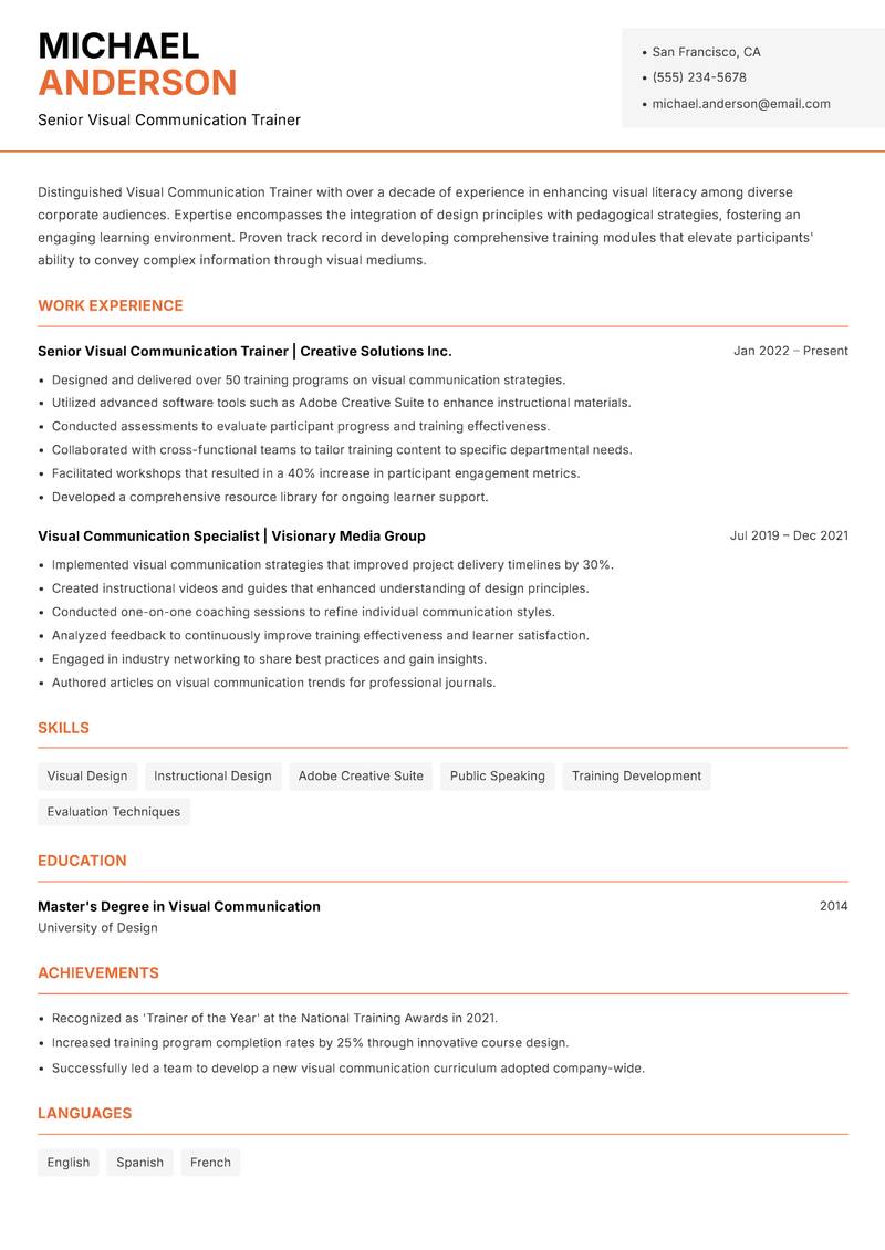 Visual Communication Trainer resume template — Modern Professional