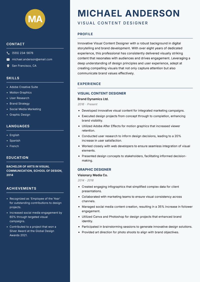 Visual Content Designer resume template — Classic Clean