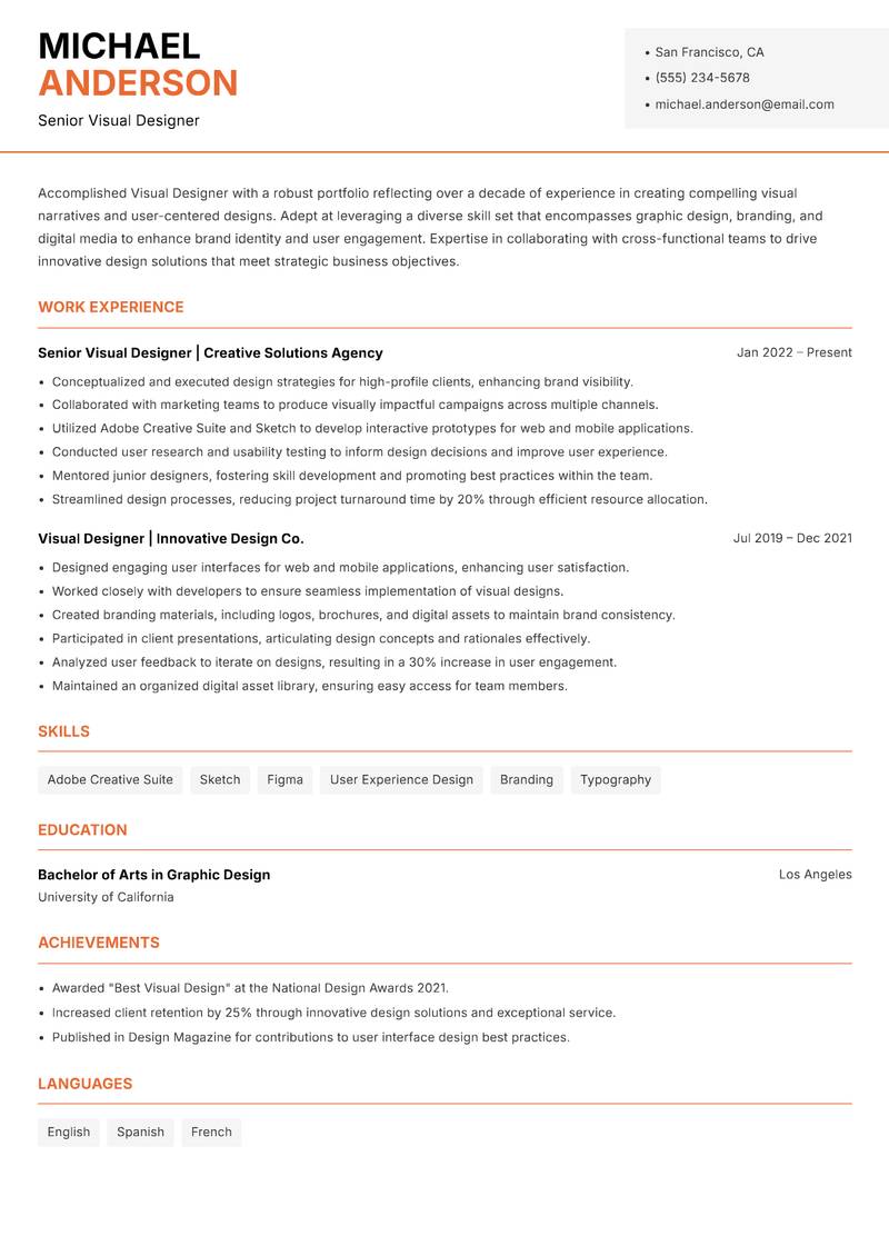 Visual Designer resume template — Modern Professional