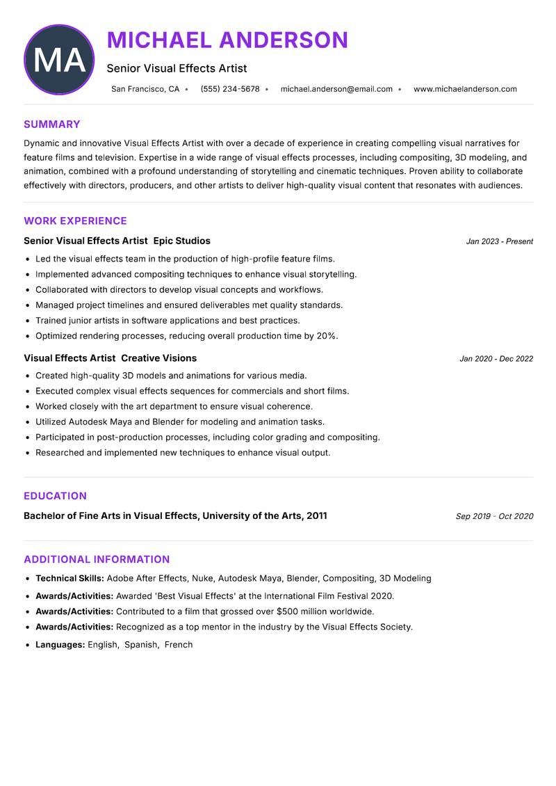 Visual Effects Artist resume example — ATS-friendly template