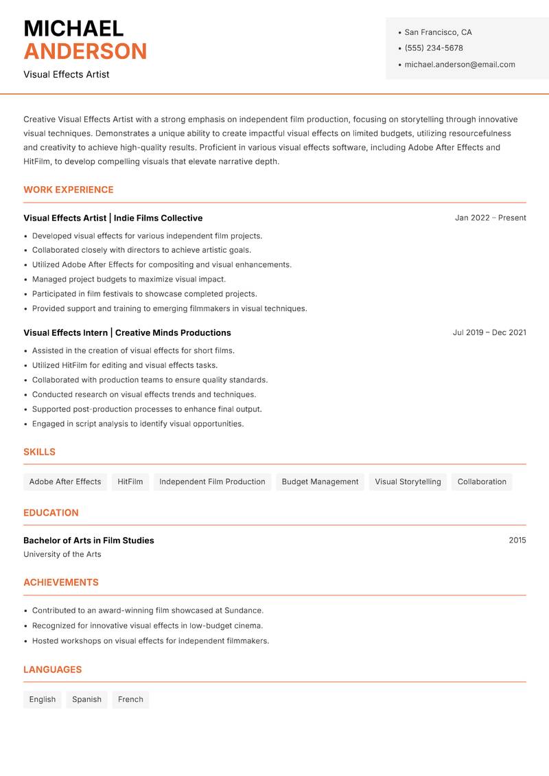 Visual Effects Artist resume template — Modern Professional