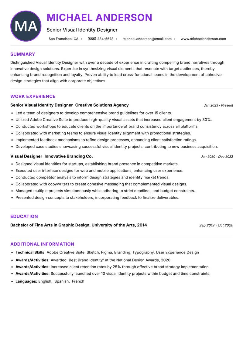Visual Identity Designer resume example — ATS-friendly template