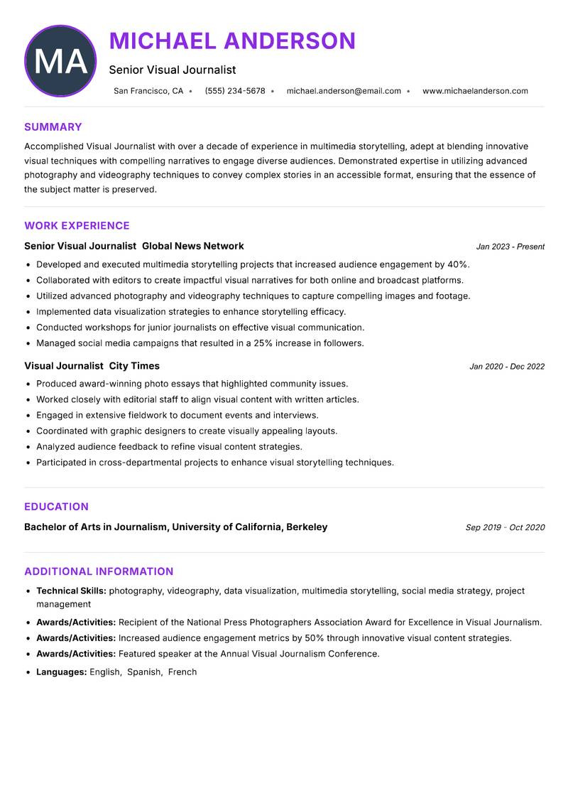 Visual Journalist resume example — ATS-friendly template