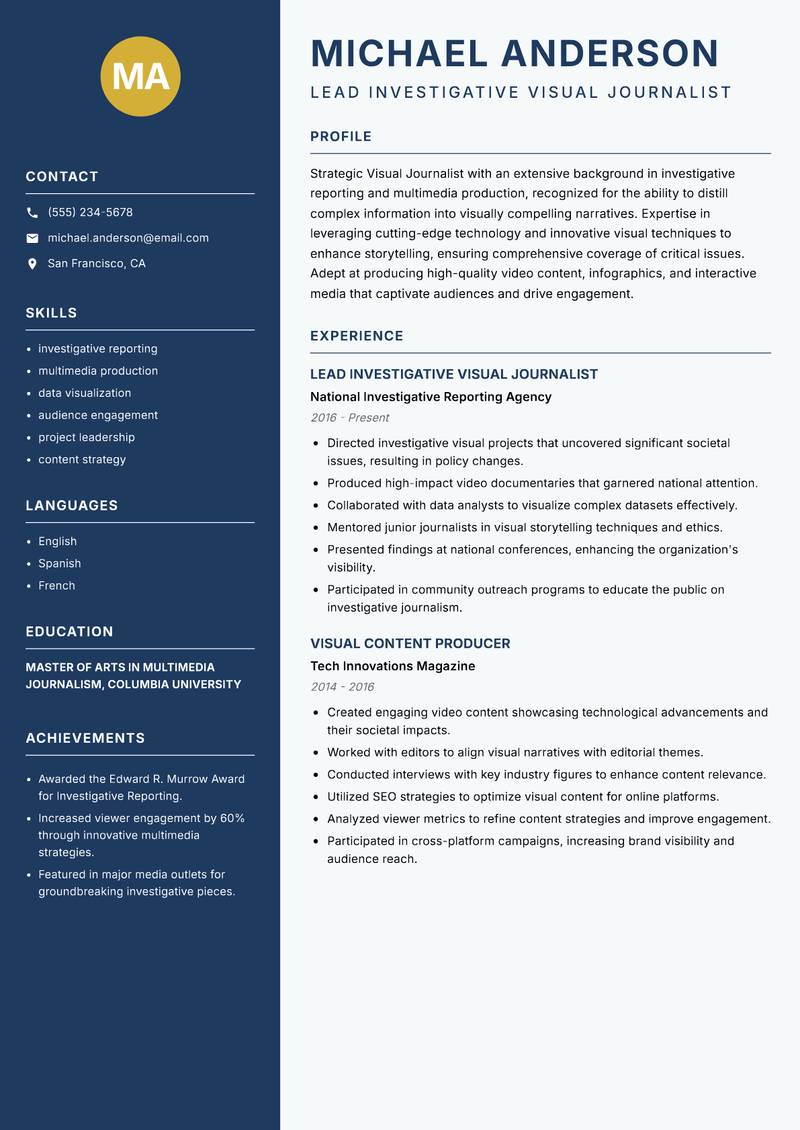 Visual Journalist resume template — Classic Clean