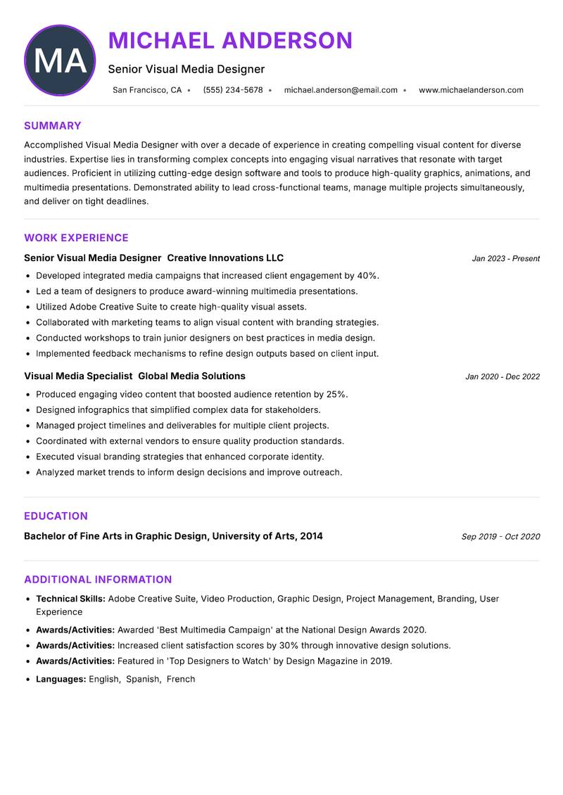 Visual Media Designer resume example — ATS-friendly template