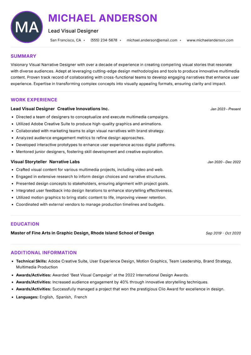 Visual Narrative Designer resume example — ATS-friendly template