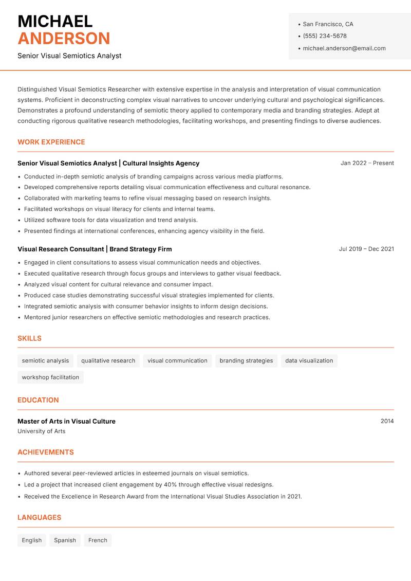 Visual Semiotics Researcher resume template — Modern Professional
