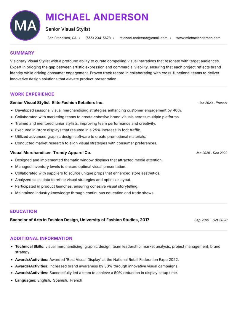 Visual Stylist resume example — ATS-friendly template
