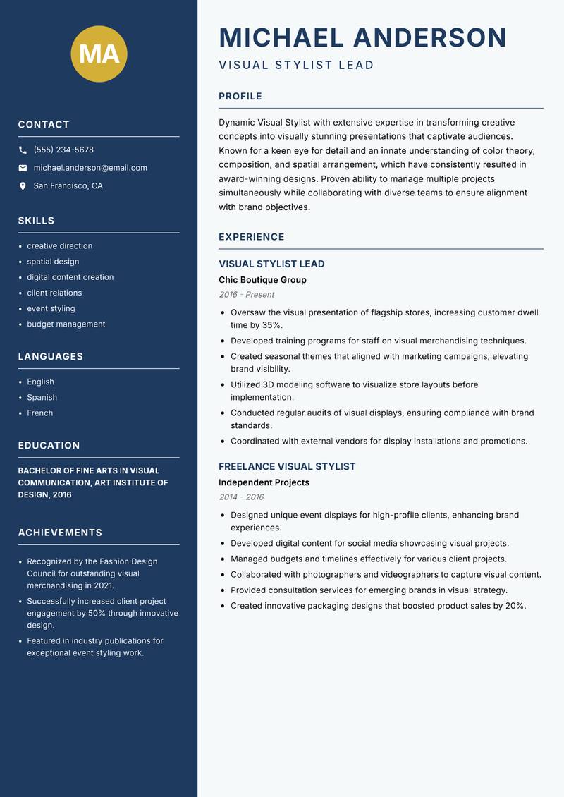 Visual Stylist resume template — Classic Clean